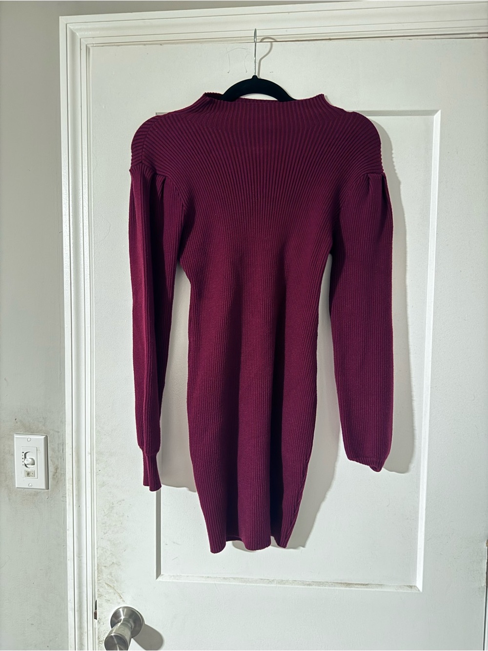 Ribbed Knit Long-Sleeve Sweater Dress in Deep Berry
